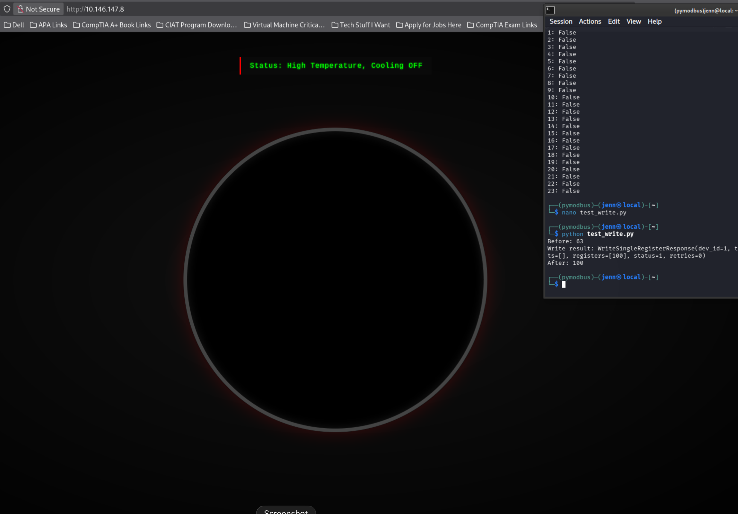 test_write.py output showing register 0 written to 100